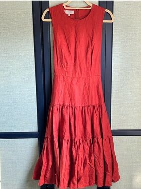 Hobbs London Seville Midi Dress in Cayenne Red 100% Linen Drop Waist, Size 6